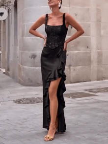 Vestido largo elegante con tirantes finos, volantes asimétricos y lentejuelas - Negro - Ver 3