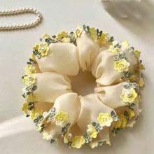 1件黃色網格刺繡花卉髮圈，雙層髮飾，波點休閒聚酯纖維髮圈，適用於春季/夏季彈性髮帶 - 黃色 - 查看 1