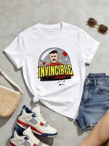 Women's Summer Casual Soft Round Neck Short Sleeve T-Shirt,Invincible Omni-Man Snow Globe Print Graphic Suitable For Spring Summer.White - White - View 5