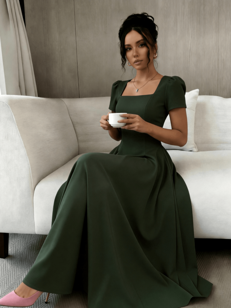 Long Dress With Short Sleeves, Square Neckline, Solid Color, Elegant, Sizes S M L - xanh quân đội - Xem 2