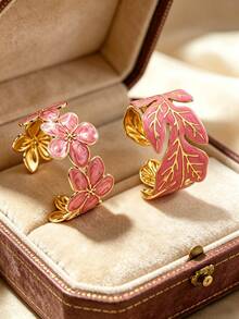 2pcs Elegant Enamel Plumeria/Tulip Shaped Stainless Steel Women's Bracelets For Daily Wear/Party/Holiday Gift - Yellow Gold - View 3