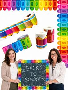 2pcs/Set 60ft Colorful Crayon/Pencil Decorative Border Trim, With Cut-Out Shapes And Curled Edges, Suitable For Classroom, School, Office, Teacher's Bulletin Board, Walls, Doors, Chalkboard, Whiteboard Decor, Back To School Decorations - Rainbow Crayon Roll Stickers - View 6