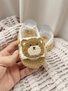 1 Pair Hand-Crocheted Infant Booties With Teddy Bear Pattern, Knitted Infant Shoes, Beige, Newborn - White - View 2