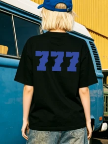 Women's Soft And Casual Short-Sleeved T-Shirt With A Round Neck, Featuring A Graphic Print Of The Blue Number 777, Ideal For Everyday Wear In Spring And Summer. - 黑色 - 查看 4