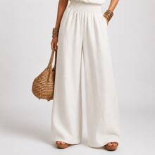 Women's Khaki Boho Halter Neck Jumpsuit, Sexy Sleeveless Smocked Waist Wide Leg Jumpsuit, Linen-Like Lightweight Fabric, Summer Vacation Essential For Beach Trips & Casual Daily Wear - 白色 - 查看 4