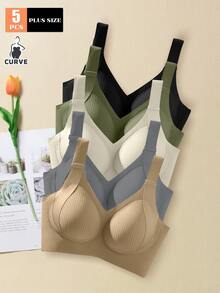 5pcs Classic Plus Size (Runs Small) Women's Non-Wired Bra, Striped Seamless Soft Support Shaping Lingerie, Adjustable Shoulder Straps, Removable Pads - Multicolor - View 2
