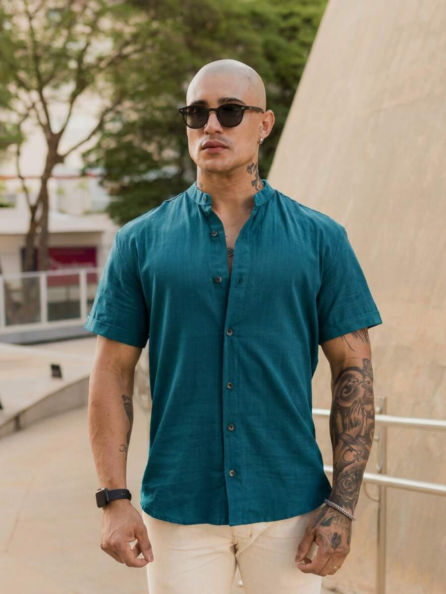 Men's Short Sleeve Shirt With Priest Collar, Premium Quality, Light And Fresh Fabric, Easy To Iron, Summer , End Of Year And Beach - 水鴨藍 - 查看 1
