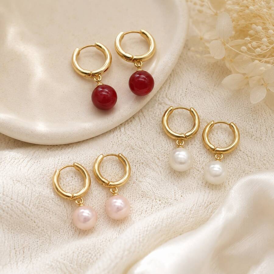 1 Pair Zinc Alloy Earrings, Alloy KC Gold Earrings With Red, White And Pink Resin Beaded Pendants, French Elegant Minimalist Classic Style, Suitable For Daily Wear, Parties, Gifts, Festivals And Celebrations - Zinc Alloy Earrings - View 1