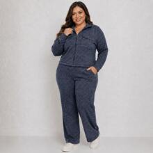 Women's Plus Size Winter Set, Wide-Leg Pants, Elegant Coat With Pockets And Zipper, Comfortable, Stylish, Fashionable, Warm Knitwear - 寶藍色 - 查看 1