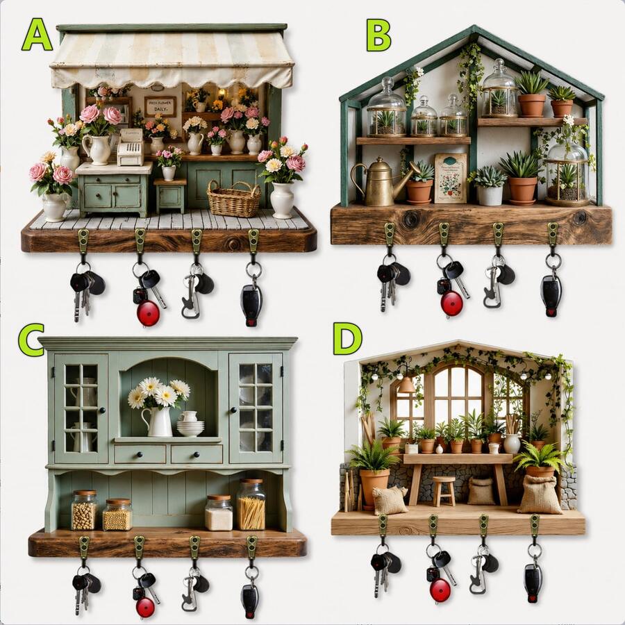 1pc Vintage Green Plant Wooden Key Holder Hook Wall Mount Rack With 4 Metal Hooks Home Decor Entryway Storage Organizer Room Villa Bathroom Kitchen Garden Leaf Design Multifunctional Interior Accessories - Multicolor - View 1