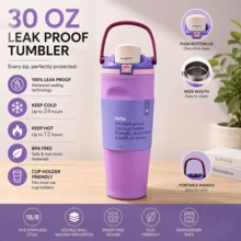 0W-ALA' 30oz  Sports Water Bottle With A Comfortable Handle For Easy Carrying. Triple-Layer Insulation Keeps Drinks Cold For 24 Hours. Designed Specifically For Hydration Lovers. Vacuum Insulated Bottle/Cup, Water Bottle/Drinking Vessel, Stainless Steel Insulated Cup, Suitable For Both Hot And Cold Coffee. - Màu tím - Xem 2