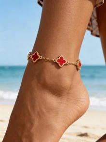 Tobillera de trébol nueva para mujer, adecuada para uso diario, regalo para amigas - rojo - Ver 2