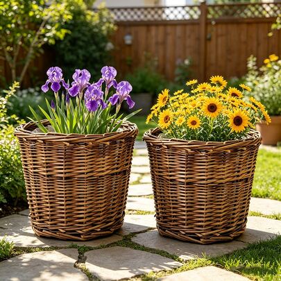 1pc Vintage Color Faux Rattan Woven Flower Basket, Flower Pot, Handmade Woven Desktop Storage Basket, Rattan Woven Pothos Pot Living Room Decor, Garden Flower Pot