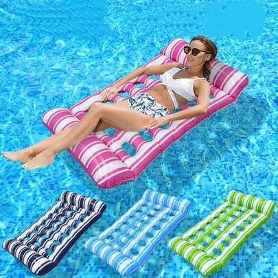 1pc Hollow Striped Inflatable Floating Bed, Adult Water Chair, Floating Pool Mat, Summer Vacation Leisure Floating Table, Foldable Portable Floating Ball, Classic Striped Pattern, Thick PVC Material Pillow Design, Highly Buoyant And Breathable, Suitable For Swimming Pool/Beach/Water Park, Summer Party, Photo Props, Holiday Essential Water Toy, Available In Blue & White, Pink & White, Green & White, Black & White, Comfortable Support For Large Size, Suitable For Couples/Friends/Family Outings, Sun Protection And Water Games, Water Floating Relaxation Device, Camping Pool Party Atmosphere Accessory, Ideal Holiday Gift
