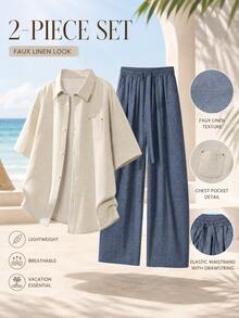 2pcs Linen-Like Men's Vacation Set, Loose Draping Breathable Long Pants 2 Pieces Suit, Suitable For Beach Vacation, Beach Strolling, Machine Washable - Multicolor - View 6