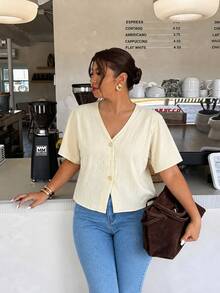 PARARAL Ropa Casual de Verano para Mujer Talla Grande - Top de Manga Corta con Tela Texturizada Estilo Vacaciones, Top de Verano para Mujer, Ropa de Vacaciones para Mujer, Top Casual para Mujer, Top de unicolor para Mujer - Albaricoque - Ver 1