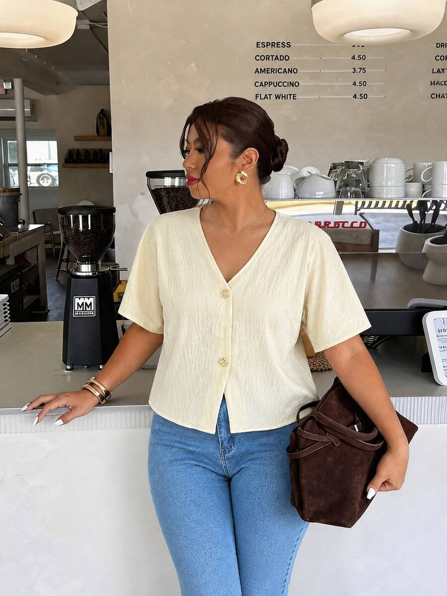 PARARAL Ropa Casual de Verano para Mujer Talla Grande - Top de Manga Corta con Tela Texturizada Estilo Vacaciones, Top de Verano para Mujer, Ropa de Vacaciones para Mujer, Top Casual para Mujer, Top de unicolor para Mujer - Albaricoque - Ver 1