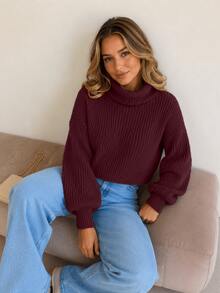 Women's Cropped Knit Blouse With High Neck, Comfortable Knit, Long Puff Sleeves, For Cold Winter. - Redwood - View 5