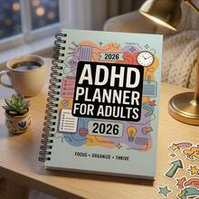 1件裝 成人女性美學 ADHD 計畫本－螺旋裝訂神經多樣性生產力手冊，含每日待辦清單、任務筆記、著色核對表與視覺化行程表－附時鐘、星星、核對表的專注日記，文具用品 - A - 查看 8