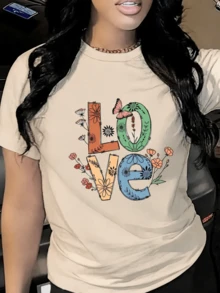 Women's Short-Sleeved Printed T-Shirt, Spring Clothing, Holiday Outfit, White For Summer, Beach Look, Vacation Style, Country Style, Women's Office Outfit. - 杏色 - 查看 6