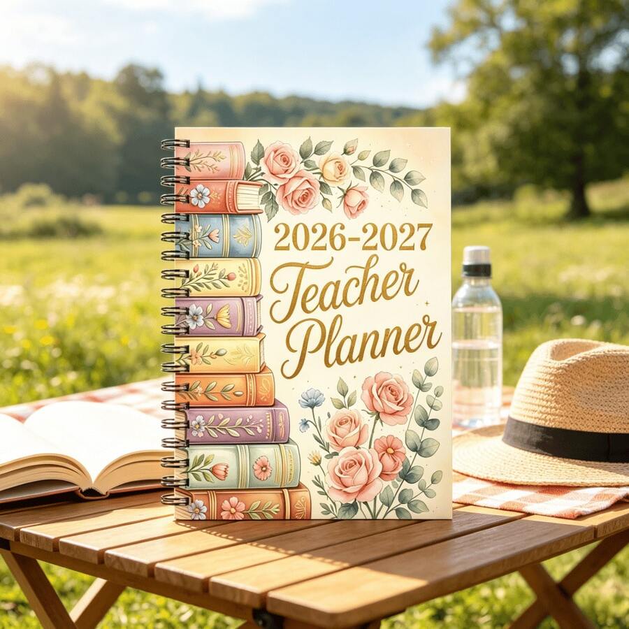 1本 A5 2026-2027 教師計畫本 螺旋筆記本,復古花卉書堆設計,硬殼封面,教案與成績簿,適用於教師、教育工作者、教室管理、排程、開學季、教師感謝禮物、學校辦公用品 - A - 查看 1
