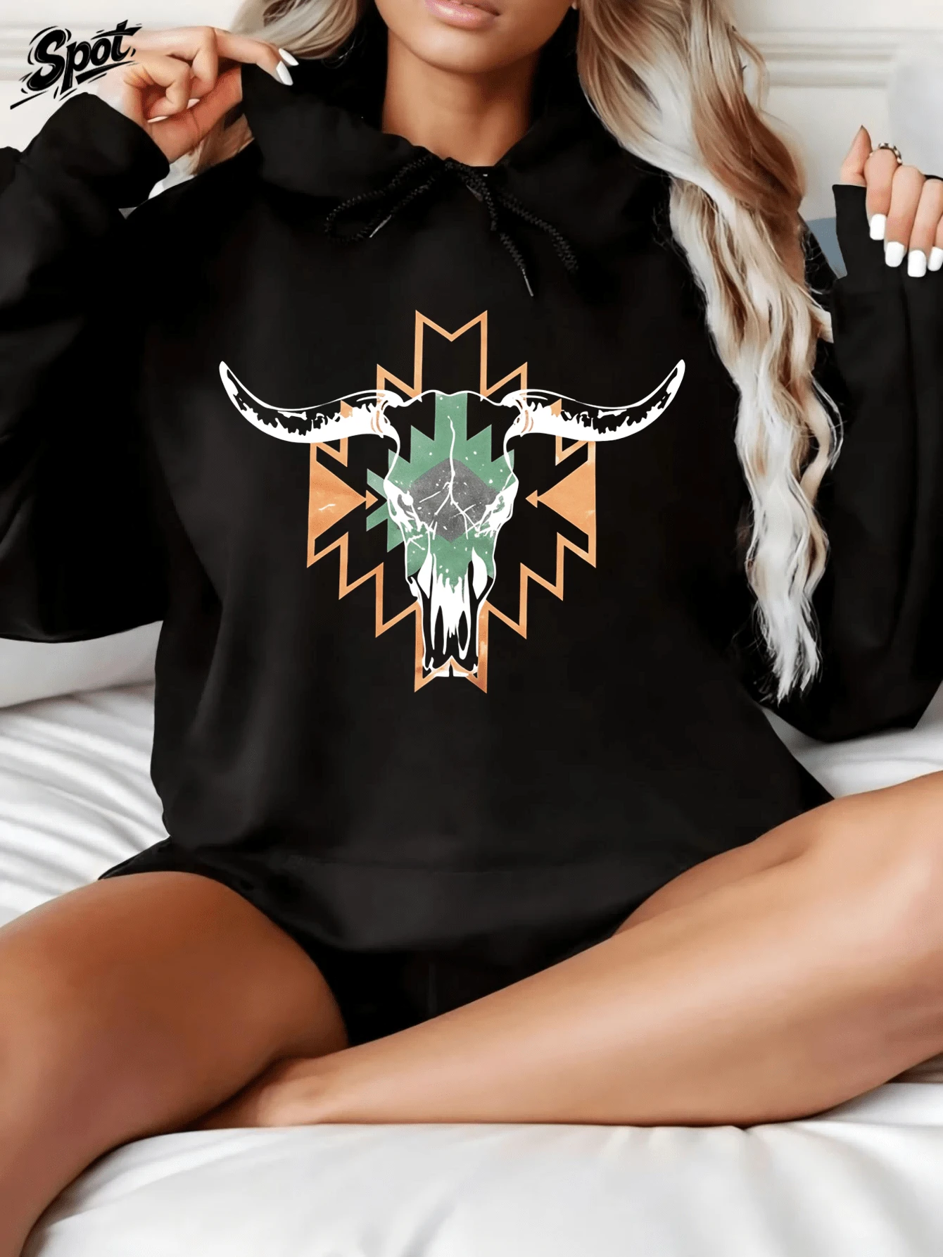 Heart Text,Women'S Casual Fashionable With Long Sleeves, Drawstring, Lettered Cartoon Print, Machine Washable, Kangaroo Pocket, Perfect For Spring/Fall,Cute And Versatile Loose Hoodie. - Black - View 1