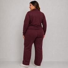 Women's Plus Size Ribbed Knit Set With Front Zipper And Pockets, Elastic Waist Pants, Casual Fashion - Burgundy - View 2