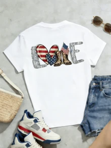Women's Summer Casual Soft Round Neck Short Sleeve T-Shirt,The Patriotic Love With Boots Print Graphic Fits Spring And Summer Wear. - Blanco - Ver 5