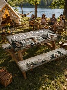 1套4-8英呎戶外野餐桌布套組，Happy Glamping RV松樹印花，彈性邊緣1張桌子2張長凳套，防水防污露營RV野餐派對裝飾 - 彩色 - 查看 5