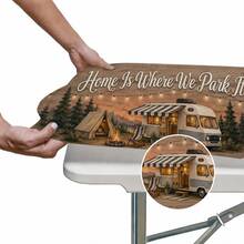 1 Set 4FT/6FT/8FT Picnic Table Cover 3-Piece Set, "Home Is Where We Park It" Vintage RV Tent Camping Print, Elastic Edged Non-Slip Tablecloth + 2 Bench Covers, Outdoor Camping RV Patio Picnic BBQ Party Decor - Multicolor - View 7