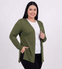Women's Plain Cardigan Jacket With Slit, Plus Size, Kimono Style - Green - View 3