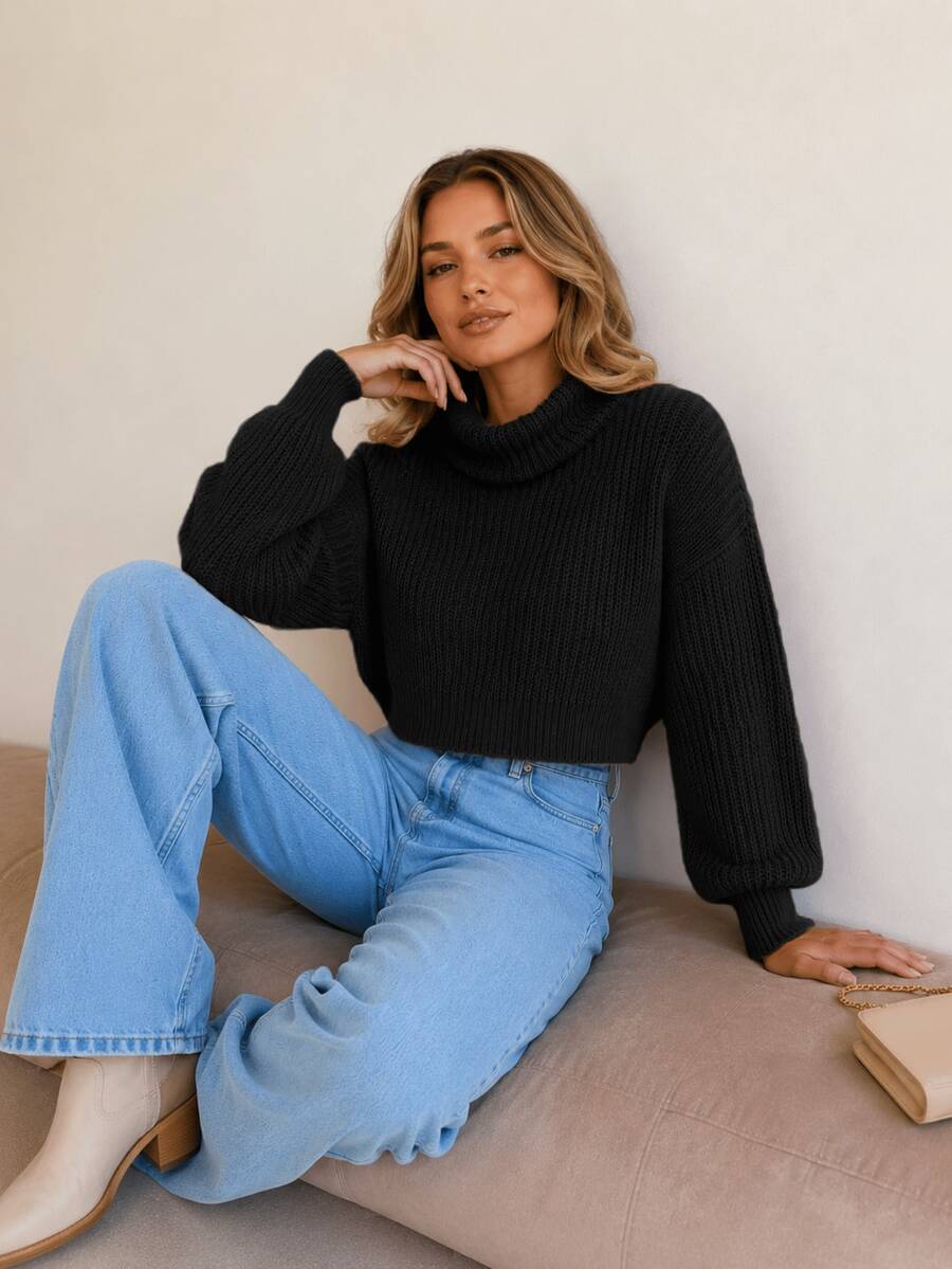 Women's Cropped Knit Blouse With High Neck, Comfortable Knit, Long Puff Sleeves, For Cold Winter. - 黑色 - 查看 1