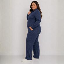 Women's Plus Size Winter Set, Wide-Leg Pants, Elegant Coat With Pockets And Zipper, Comfortable, Stylish, Fashionable, Warm Knitwear - 寶藍色 - 查看 6