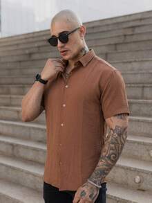 Men's Short Sleeve Shirt With Priest Collar Premium Quality Light And Fresh Fabric Easy To Iron - 咖啡棕 - 查看 3