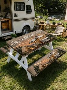 1 Set 4FT/6FT/8FT Picnic Table Cover 3-Piece Set, "Home Is Where We Park It" Vintage RV Tent Camping Print, Elastic Edged Non-Slip Tablecloth + 2 Bench Covers, Outdoor Camping RV Patio Picnic BBQ Party Decor - Multicolor - View 6