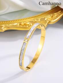 1/5pcs Gold-Plated Stainless Steel Women Bracelet, Classic Rhinestone Inlaid Stackable Bangle, Anti-Oxidation Waterproof Jewelry - Gold - View 19