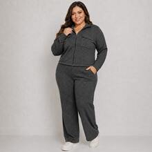 Women's Plus Size Ribbed Knit Set With Front Zipper And Pockets, Elastic Waist Pants, Casual Fashion - Negro - Ver 1