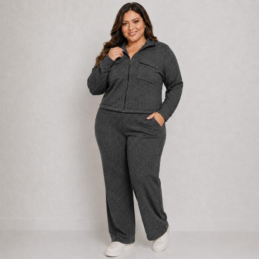 Women's Plus Size Ribbed Knit Set With Front Zipper And Pockets, Elastic Waist Pants, Casual Fashion - Negro - Ver 1