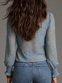Blusa de gasa con cremallera, estampado de paisley barroco elegante y estilo vacacional, con volantes.Blusa de gasa transparente con estampado floral todo sobre, con cremallera, para uso cas - Azul cielo - Ver 5