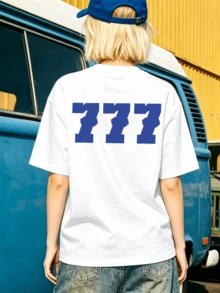 Women's Soft And Casual Short-Sleeved T-Shirt With A Round Neck, Featuring A Graphic Print Of The Blue Number 777, Ideal For Everyday Wear In Spring And Summer. - 白色 - 查看 4