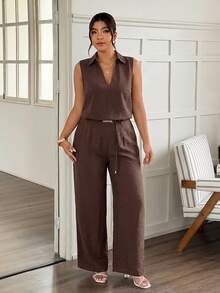PARARAL Plus Size Women's Summer Casual Solid Color Sleeveless Top And Pants Two Pieces Set Elegant - Brown - View 4