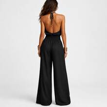 Women's Khaki Boho Halter Wide Leg Jumpsuit, Sexy Sleeveless Smocked Waist, Light Linen-Like Fabric, Summer Essential For Beach & Casual Daily Wear - 黑色 - 查看 2
