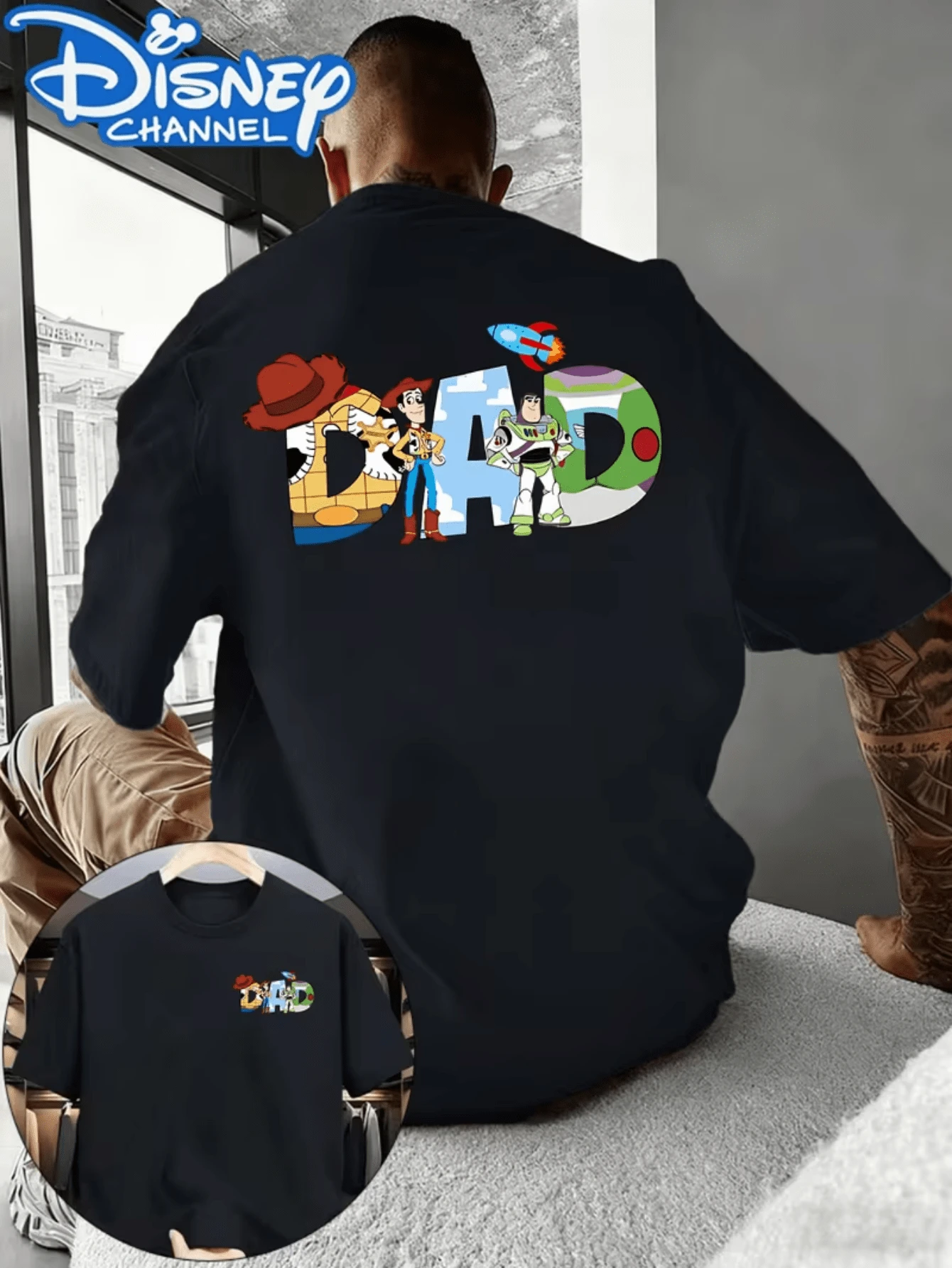 (Disney T Shirts)Disney Toy Story "DAD" Letter Print With Woody And Buzz Lightyear Front Small Logo And Back Dad Life Design 100% Cotton Crew Neck Short Sleeve Graphic Tee Men's Father's Day Casual Everyday Comfortable Top, Mens Clothes, Men, Ropa De Hombre, Summer Clothes, Men Shirts, Graphic Tees, Disney Outfits Men, Graphic Tees, Camisetas Para Hombre, Camisas Para Hombre, Summer Outfits For Men, Father's Day Gift, Perfect Gift For Family And Friends, Which Are Necessary For Birthday Parties, Disney Shirts, Mens Clothes, Summer Clothes, Officially Licensed Disney T-Shirts, Disney Men's And Women's Spring/Summer Fashion Casual Short-Sleeve T-Shirts - Black - View 1