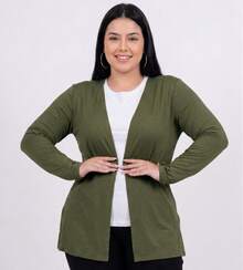 Women's Plain Cardigan Jacket With Slit, Plus Size, Kimono Style - Green - View 1
