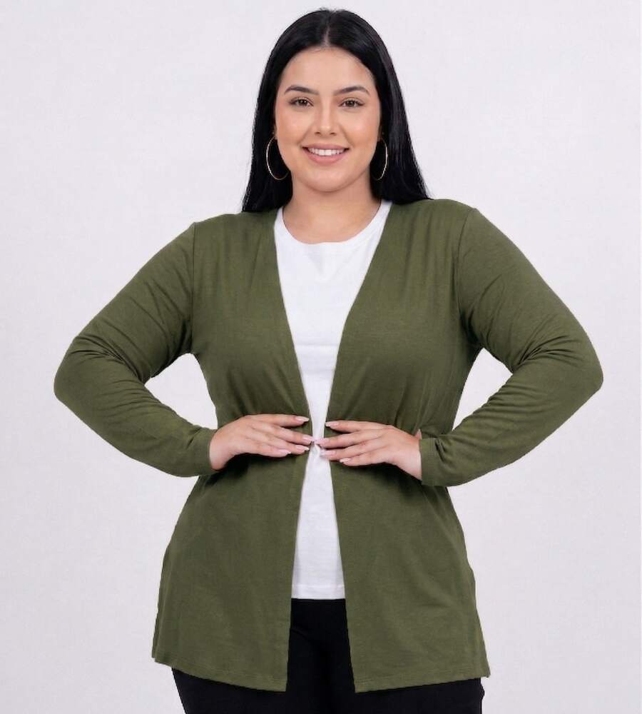 Women's Plain Cardigan Jacket With Slit, Plus Size, Kimono Style - Green - View 1