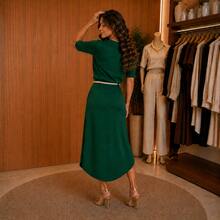 Women's Executive Outfit Set: Midi Skirt With Front Slit And Basic Blouse - Bosque Verde - Ver 4