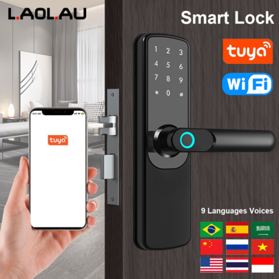L.A.OL.A.U LAO LAU Smart Door Lock With Handle, 5-In-1 Keyless Entry Fingerprint Door Lock, Tuya WiFi App Control, Touchscreen Keypad, IC Card And Mechanical Key Unlock, Reversible Aluminum Alloy Electronic Lock For Home, Hotel, Apartment And Office