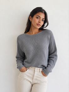 Women's Gray Knit Blouse With Batwing Sleeves, Oversized Ribbed Knit Sweater, Elegant And Loose Fit - 灰色 - 查看 1
