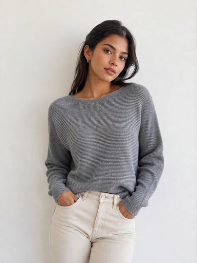 Blusa Tricô Feminina Cinza Manga Morcego Oversized Canelada Suéter Elegante Soltinho