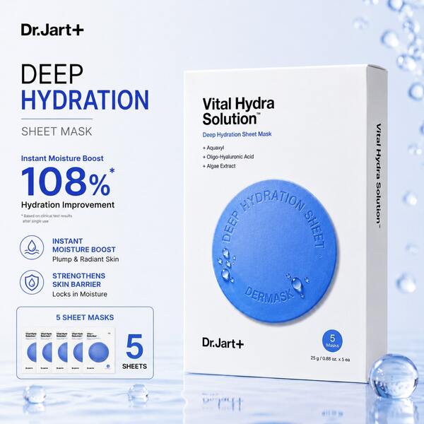 Dr.Jart+ Face Mask, Vital Hydra Solution Deep Hydration Sheet Mask 5pcs Korean Skincare Instantly Soothes & Refreshes Sun-Exposed Skin, Deep Moisturizing, Improves Elasticity, Smooths Skin, Vegan Formula, Summer Travel Essentials Holiday Essentials